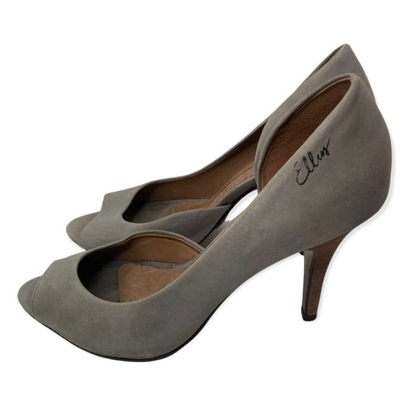 ELLUS Gray Suede Leather Peep Toe Stilleto D'Orsay Heels Size 8 Brown Heel a32 - Picture 4 of 8